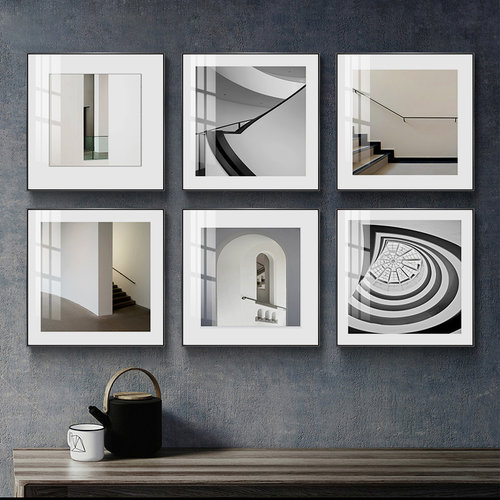 黑白建筑装饰画工业风摄影风景正方形创意挂画现代客厅沙发背景墙
