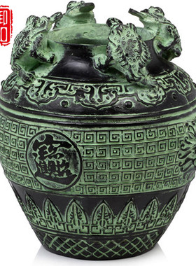 青铜器摆件 金蟾狮头坛 财宝罐招财旺财工艺品储钱罐存钱罐圆罐鼎