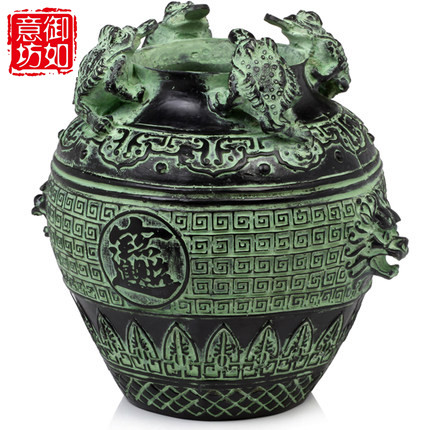 青铜器摆件 金蟾狮头坛 财宝罐招财旺财工艺品储钱罐存钱罐圆罐鼎