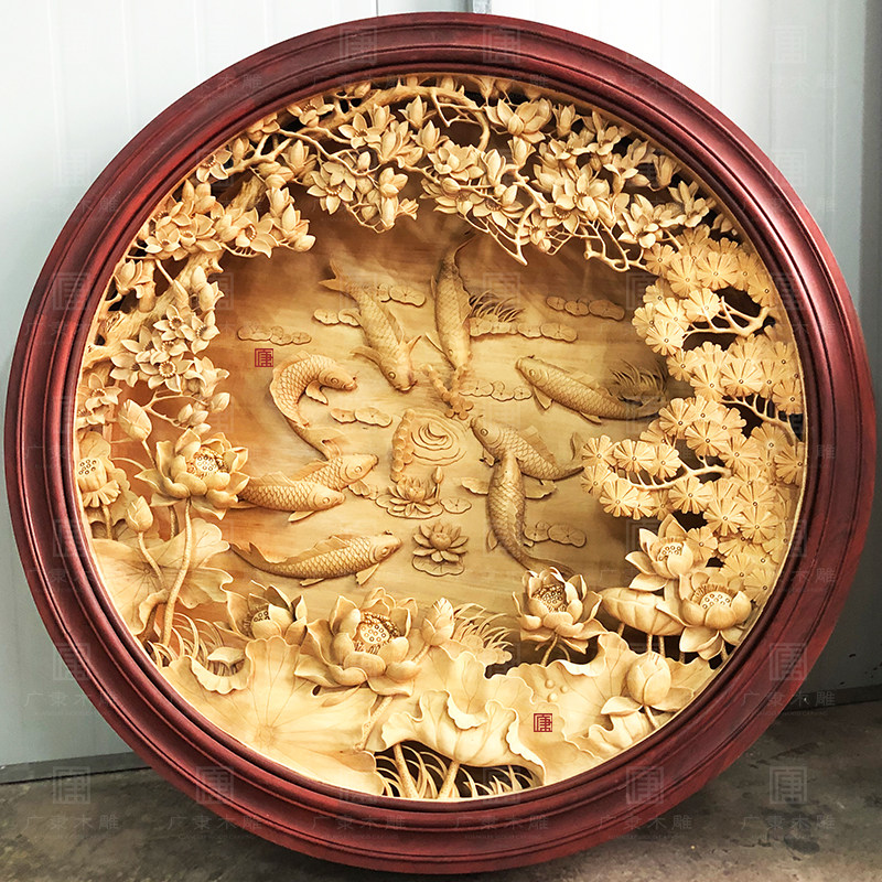 东阳木雕九鱼玉兰花荷花双层手工雕刻圆盘挂件背景墙壁挂连年有余