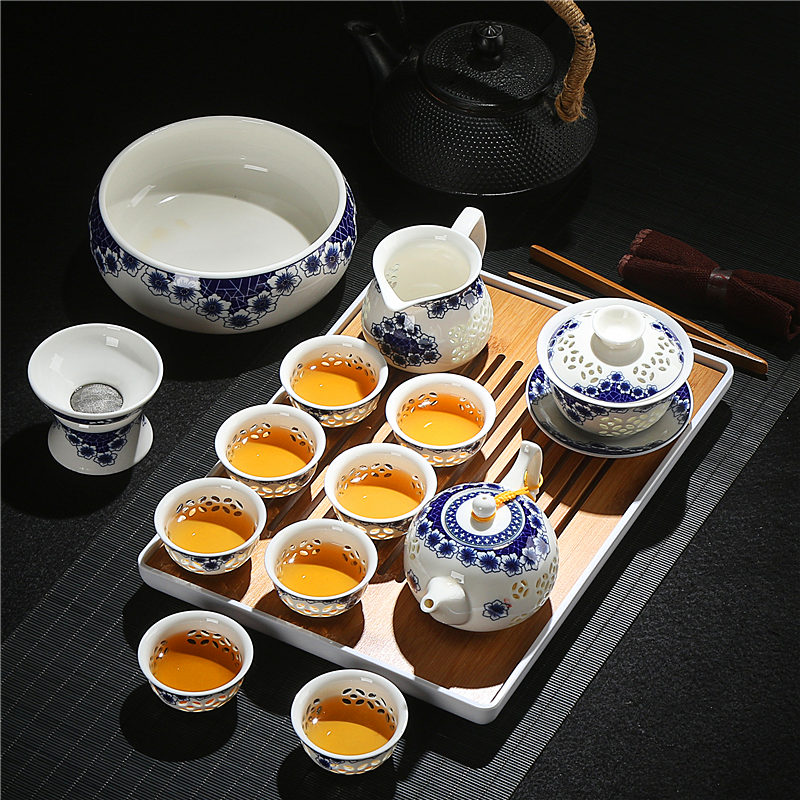 青花瓷功夫茶具整套家用办公泡茶器镂空透明盖碗茶壶茶杯茶洗套装