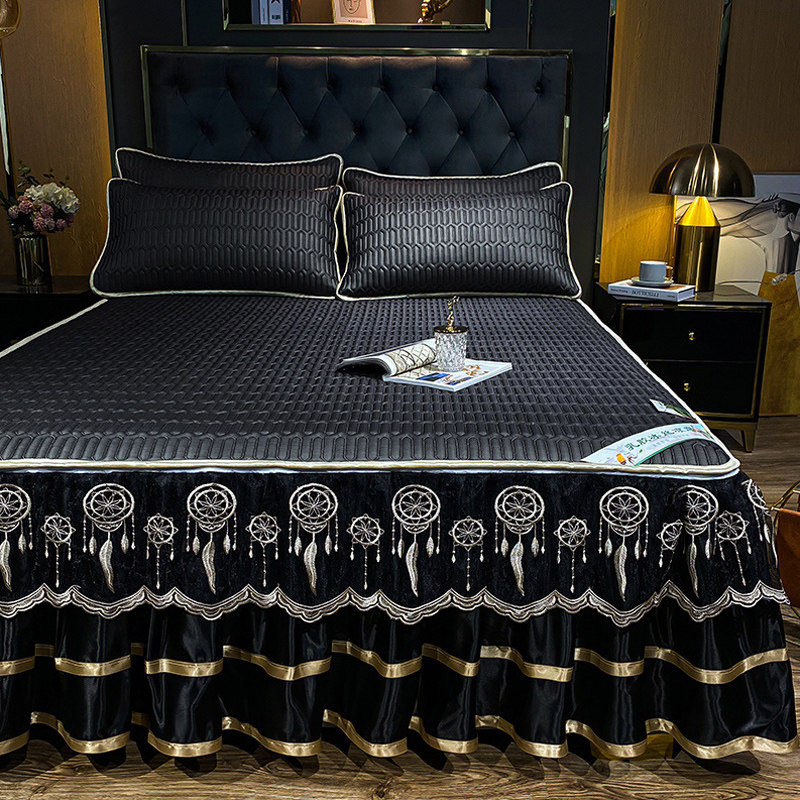 夏季新款乳胶床裙款冰丝凉席三件套可水机洗黑色蕾丝花边床罩防滑,床上用品,床裙,淘宝优惠券,粉丝福利购,淘宝优惠卷
