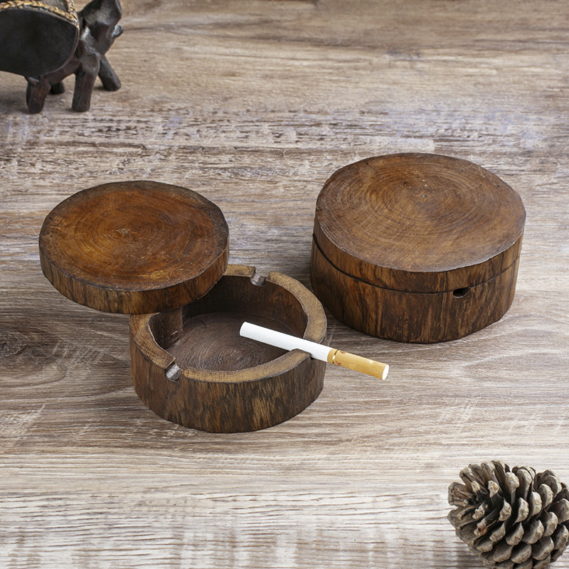 泰国烟灰缸木雕原木色创意带盖烟灰缸复古东南亚风装饰烟灰缸摆件