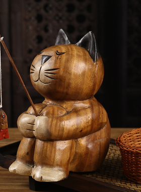 泰国工艺品创意可爱儿童房卡通摆件博古架酒柜装饰品摆件小猫钓鱼