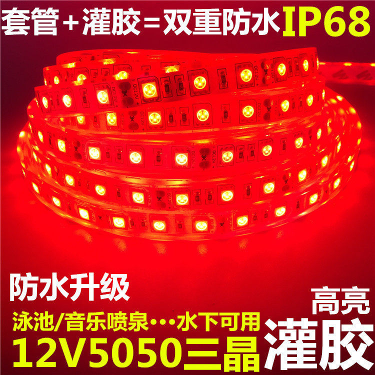 12V红色LED贴片红光套管灌胶防水红灯带水池水下防水软灯条5米价