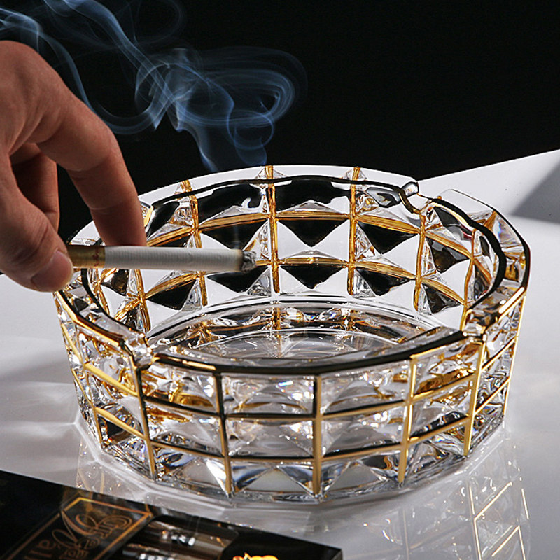 描金水晶玻璃欧式创意家用烟灰缸大小号茶几客厅办公室雪茄烟缸