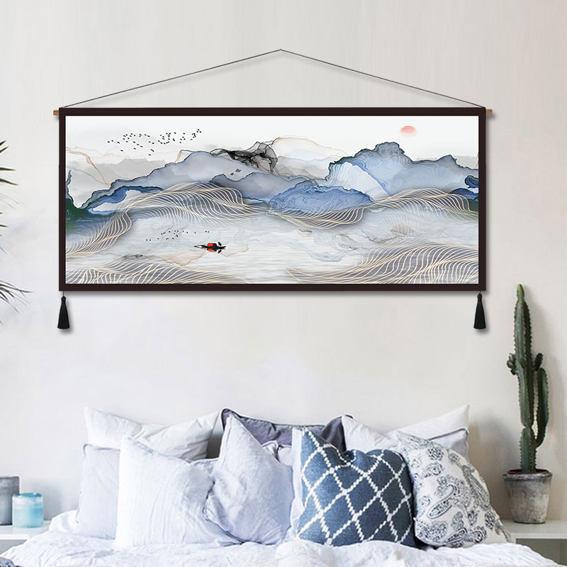 卧室床头装饰画风景横版长幅挂画简约现代客厅沙发背景墙壁画挂毯