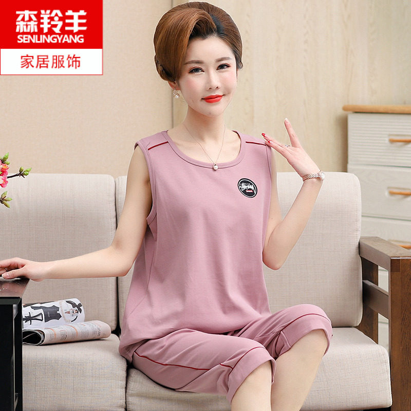 夏季纯棉无袖宽松睡衣女中老年背睡衣/家居服套装