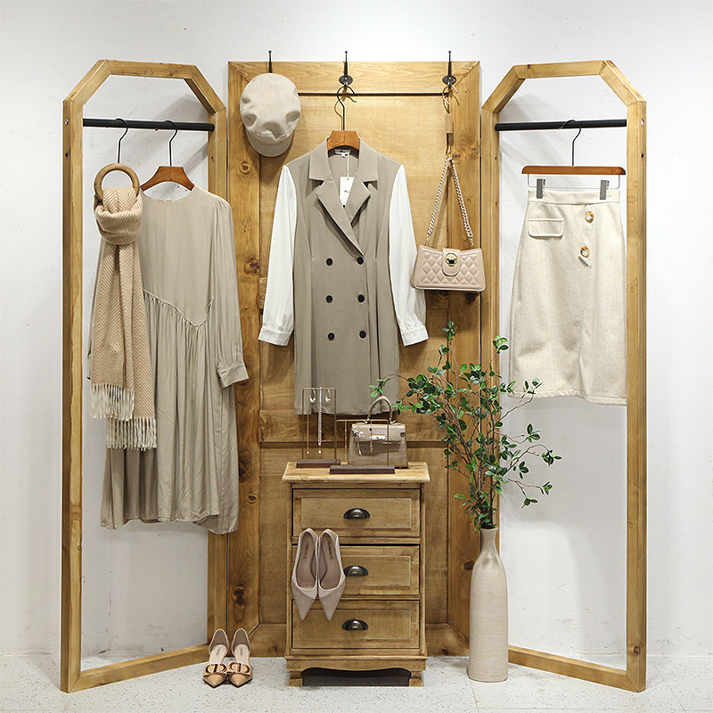 服装店展示架女装店货架落地挂衣架复古实木橱窗陈列架中岛台网红