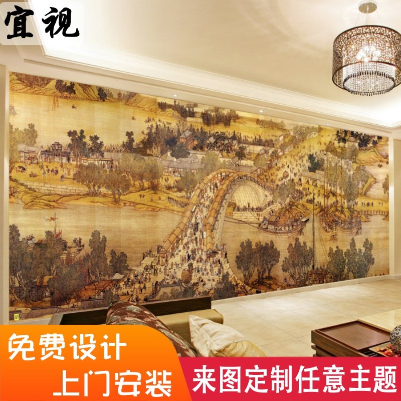 中式古典清明上河图壁纸3d立体火锅饭店餐厅壁画客厅电视背景墙纸