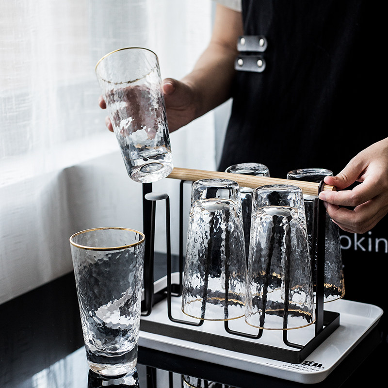 欧式小奢华锤纹耐高温金边玻璃杯套装6只装家用客厅喝水杯带杯架