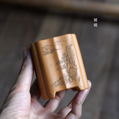 四方菱花全手工微型盆 原矿降坡泥 刻绘 摆件茶玩