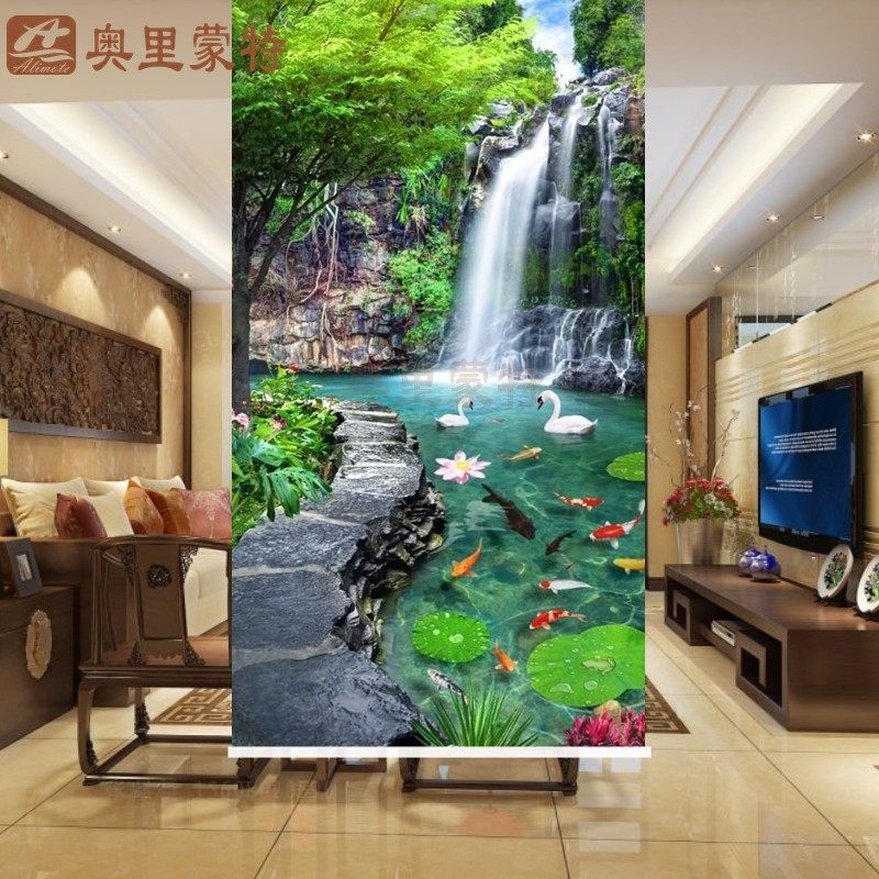 3D立体山水风景画荷花锦鲤窗帘隔断全遮光隔热防水油手拉升降卷帘