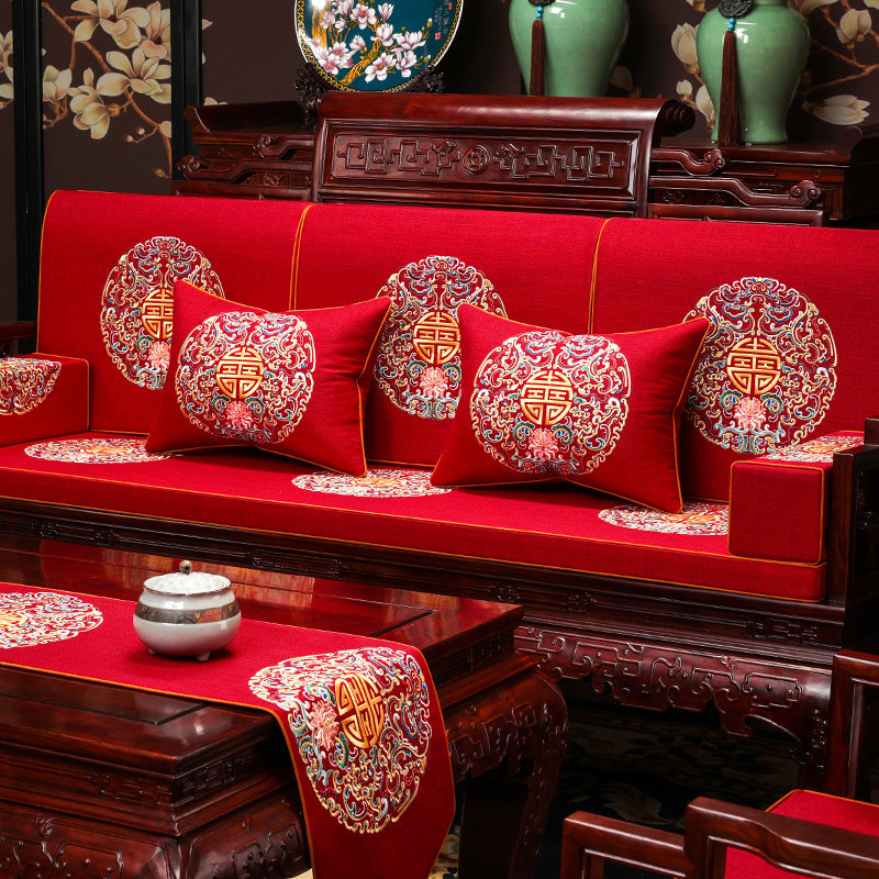 中式沙发垫红木家具坐垫实木罗汉床五件套带靠背亚麻刺绣红色喜庆