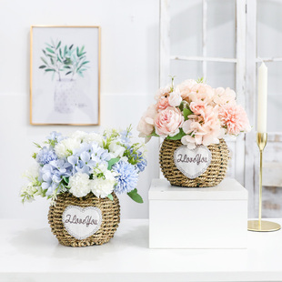 田园藤编小清新仿真花假花客厅餐桌摆件绢花花束装饰花卧室茶几花