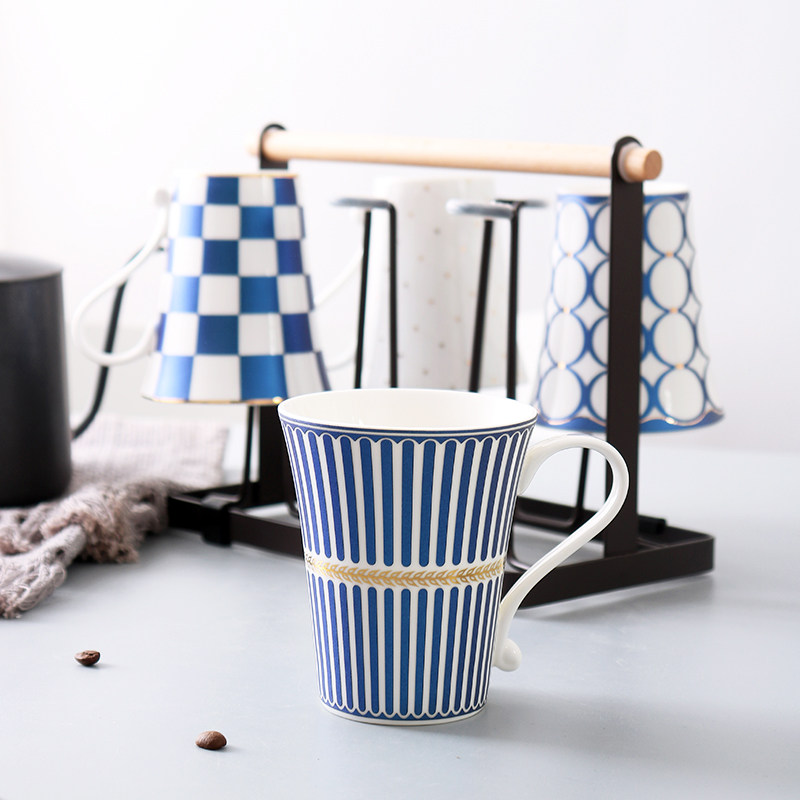 创意个性陶瓷马克杯家用客厅喝水杯套装欧式咖啡杯办公杯子带杯架