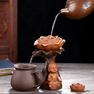 茶宠摆件紫砂童子喷水茶玩茶趣荷花过滤架滤茶器茶具配件茶台装饰