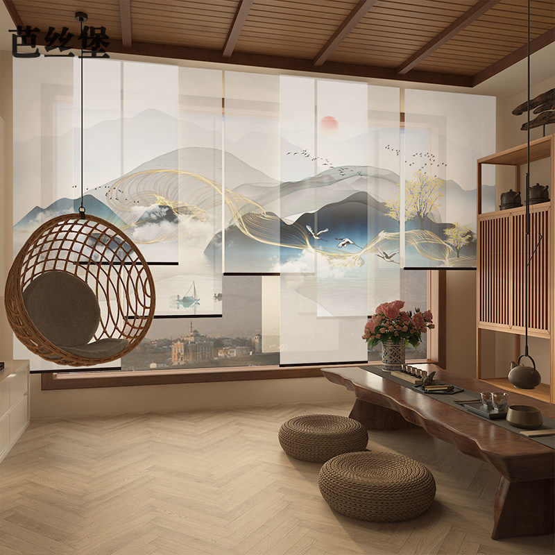 新中式帘子软屏风悬挂式抽象山水窗画布窗帘卷帘办公室大厅装饰