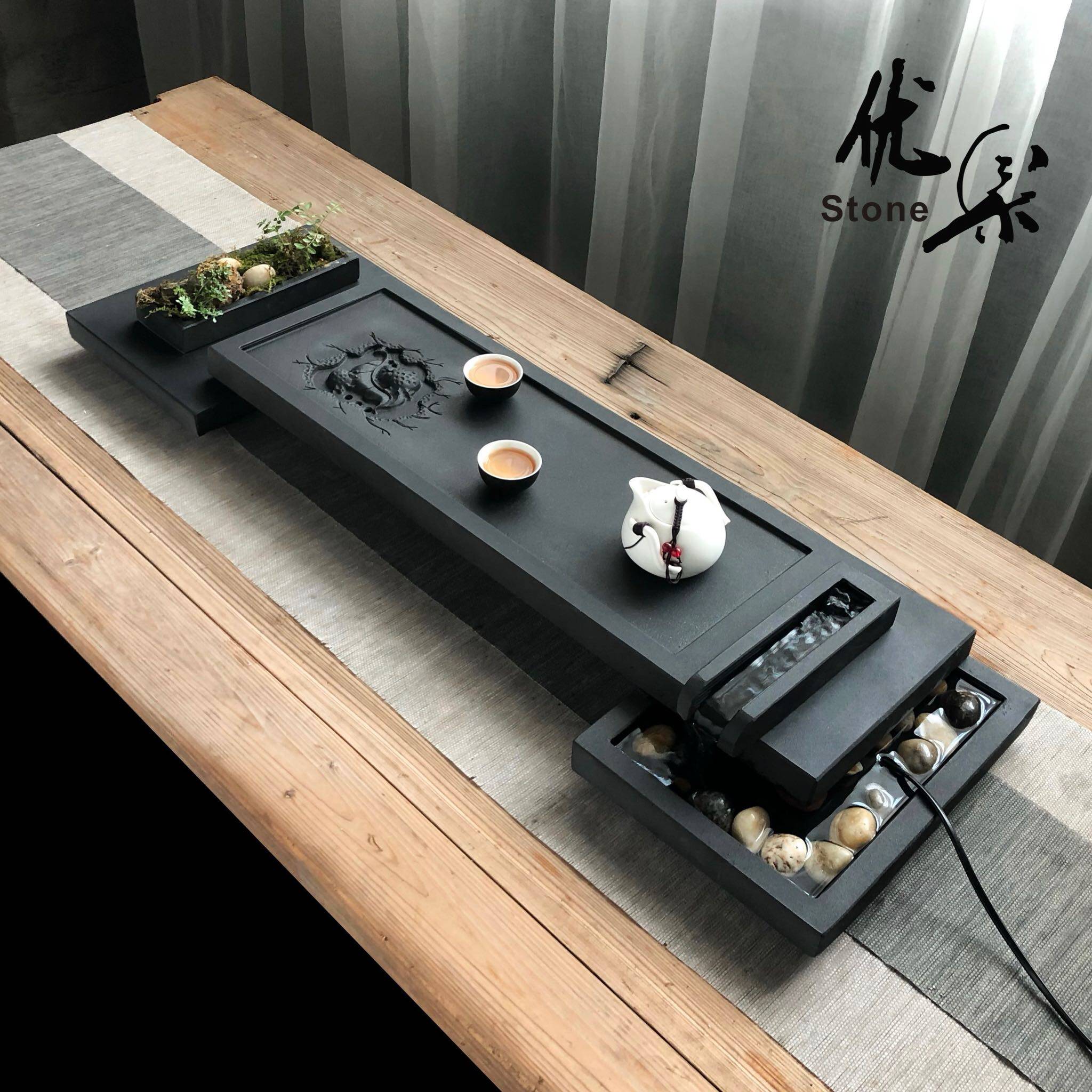 天然乌金石茶盘创意流水养鱼茶海石材浮雕禅意茶台家用石盘干泡台