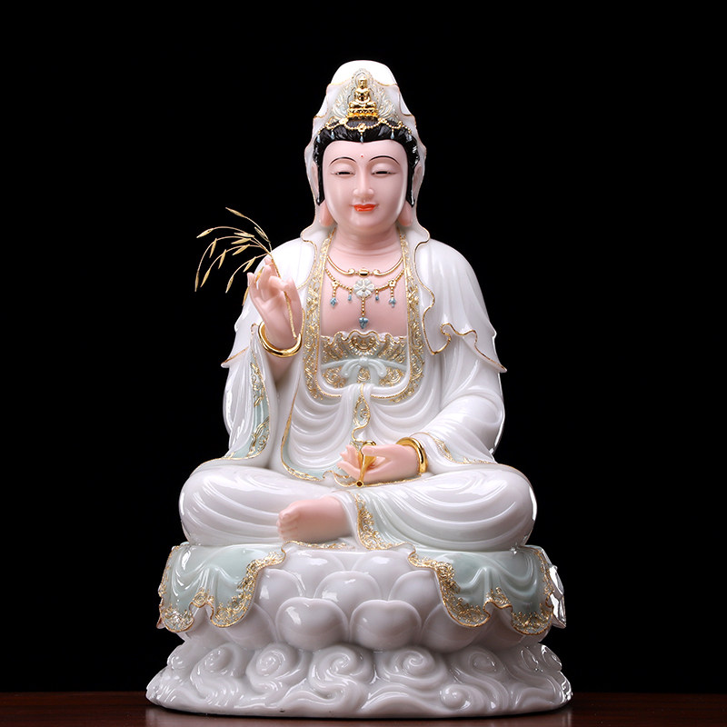 汉白玉观音佛像供奉家用大号石雕观世音菩萨佛像娑婆三圣坐像摆件
