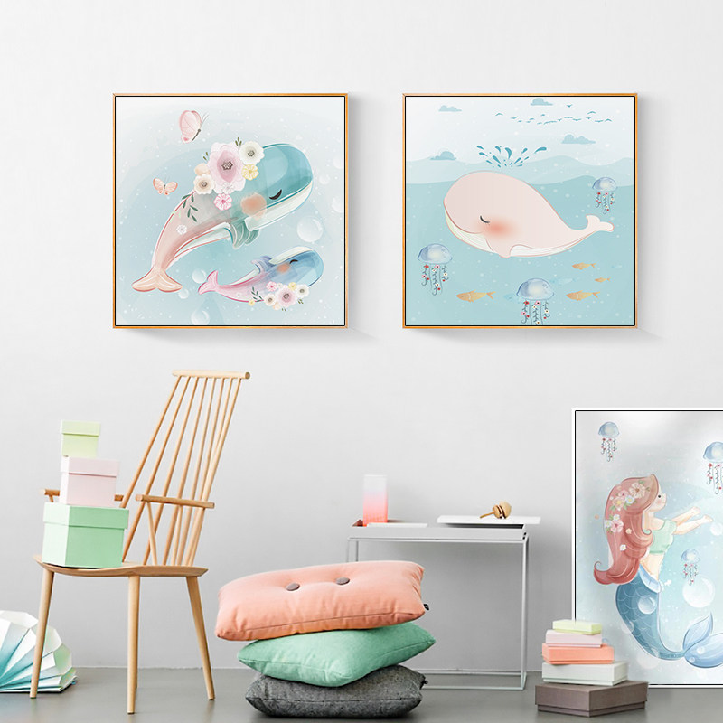 儿童房装饰画女孩北欧地中海蓝色少女房间背景墙壁画卡通可爱挂画