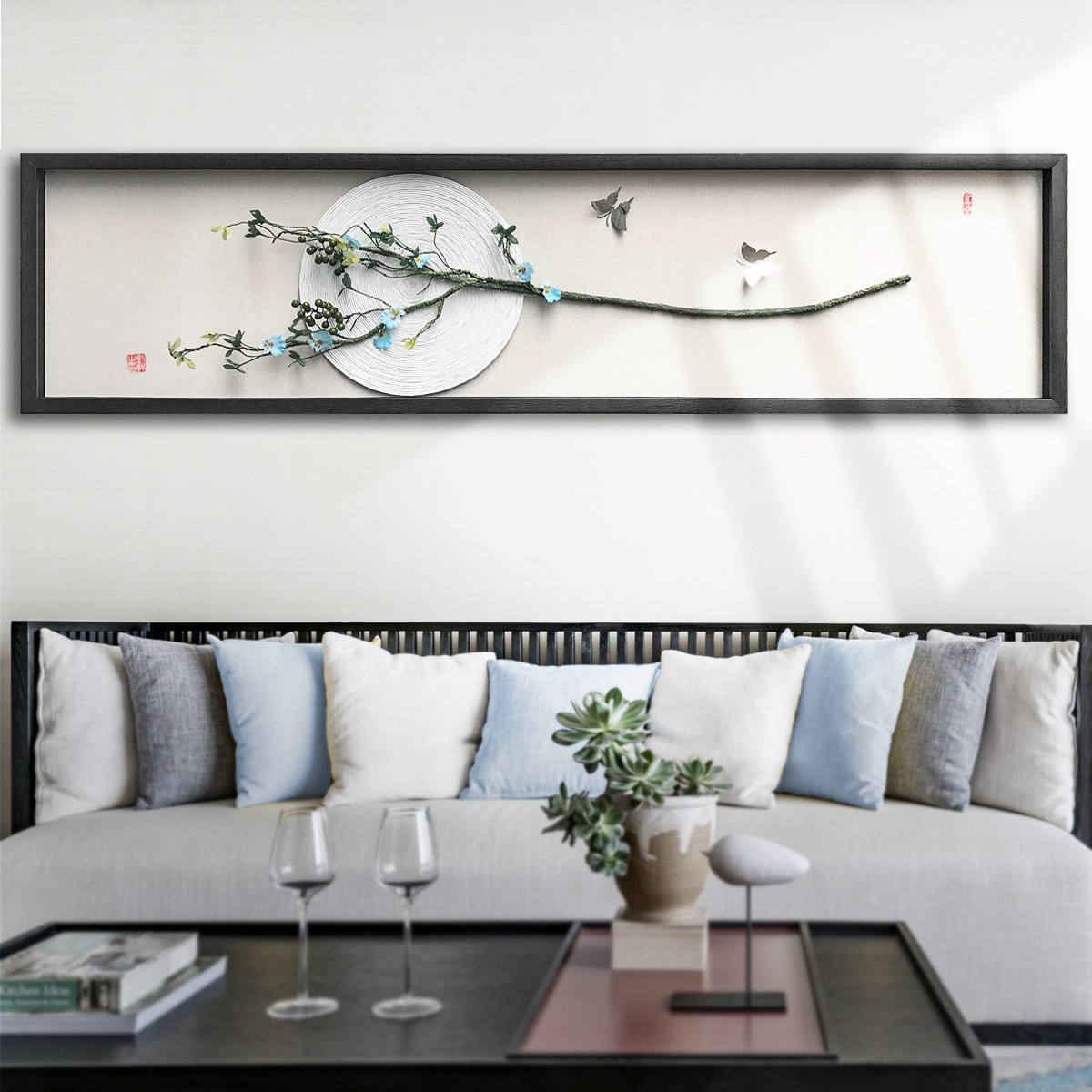新中式客厅沙发背景墙面装饰画酒店餐厅立体实物画横幅办公室挂画