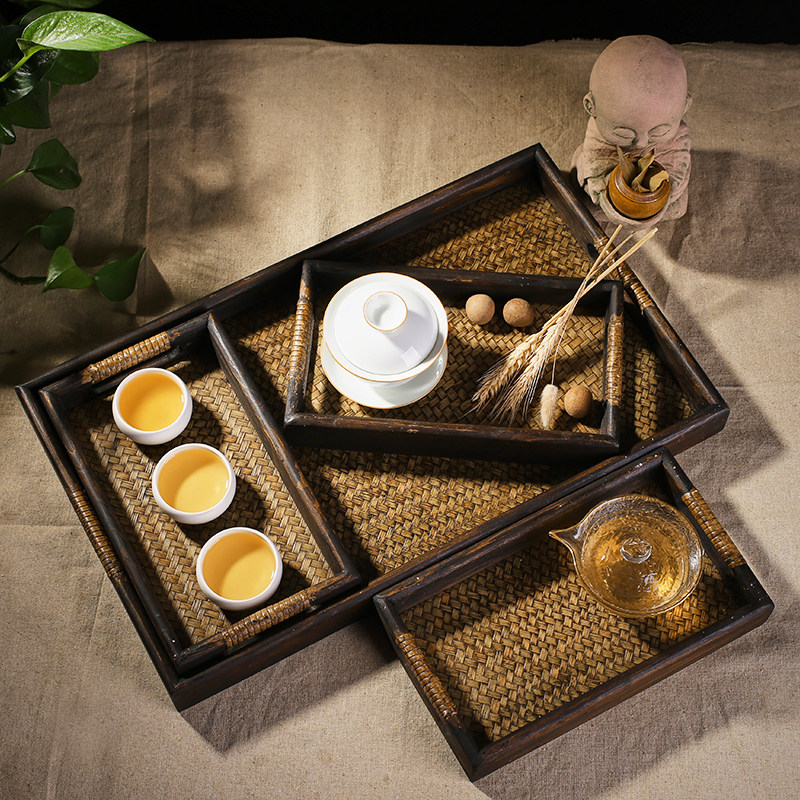 泰国实木藤编美容院长方形托盘大号家用复古放茶杯新中式茶盘茶托