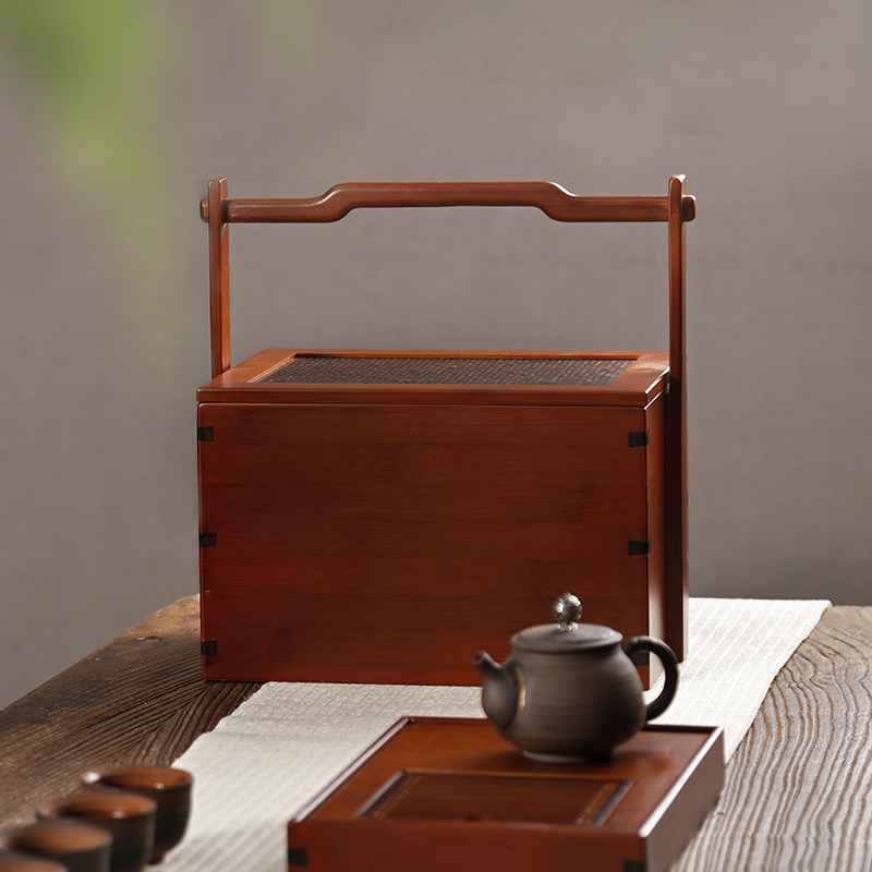 竹制食盒中式仿古 竹编茶具收纳盒提篮 古代实木旅行便携茶箱提盒