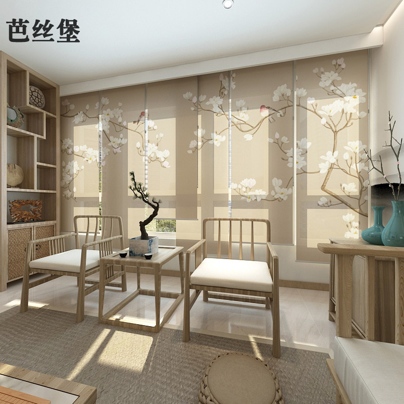 新中式卧室卷帘窗帘加厚遮光窗户茶室餐厅客厅软隔断升降手拉挂画