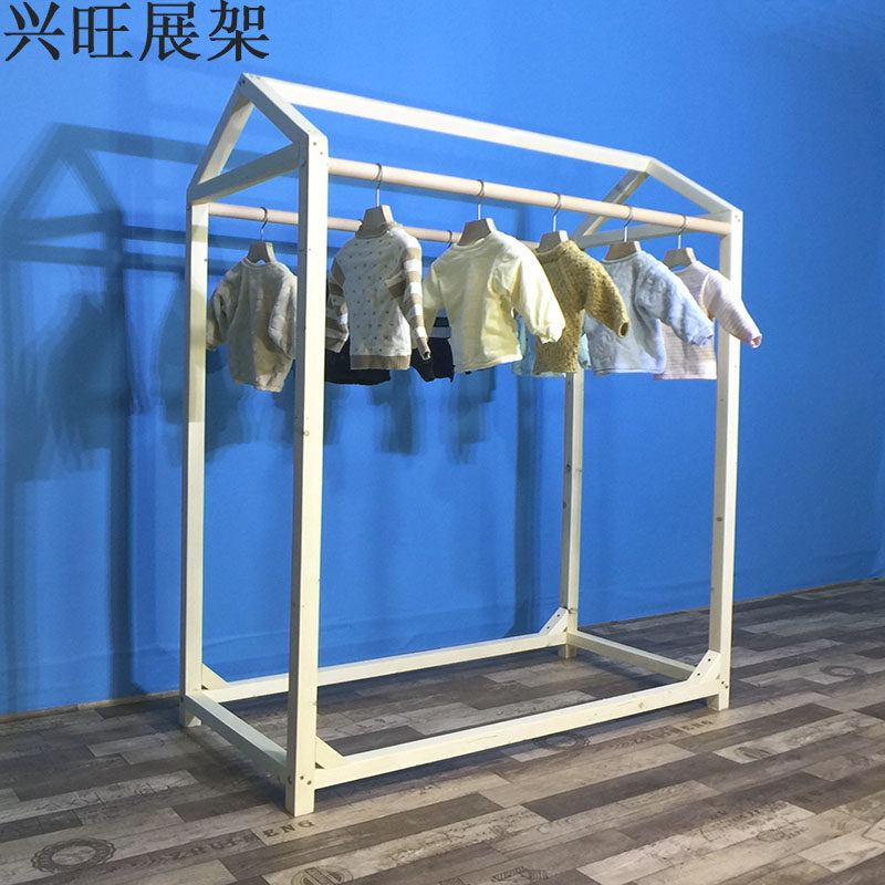 童装店双层展示架落地货架北欧风创意儿童实木质中岛架衣架陈列架