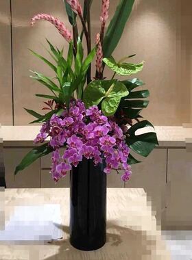 黑色玻璃路瓶酒花大堂装饰婚庆店引直筒圆柱落地水培花瓶软装样板