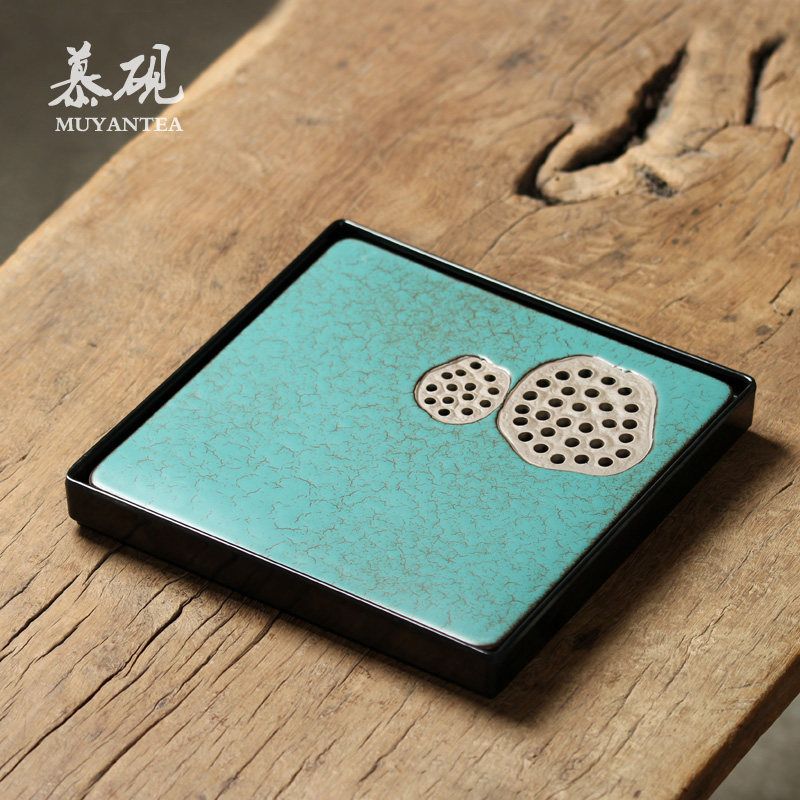 慕砚窑变四方莲蓬茶盘绿松釉蓄水茶台茶道功夫茶具盖碗套装家用盘