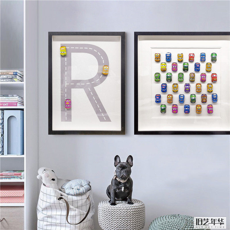 儿童房汽车装饰画汽车总动员实物画卡通模型孩子房创意字母挂画小