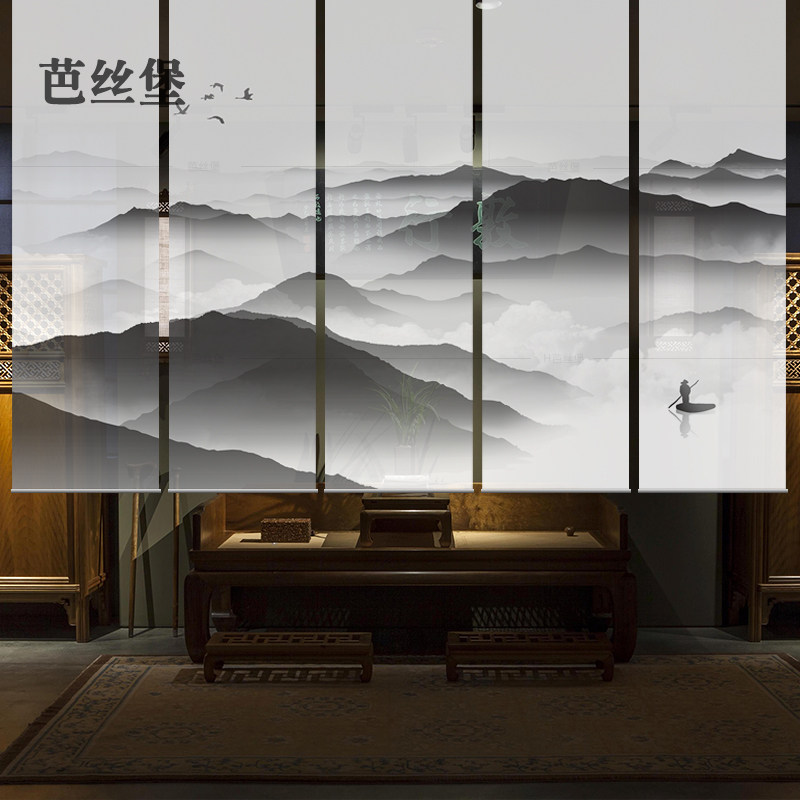 卷帘窗帘升降帘子软隔断屏风帘拉帘卷帘客厅办公室水墨山水画电动