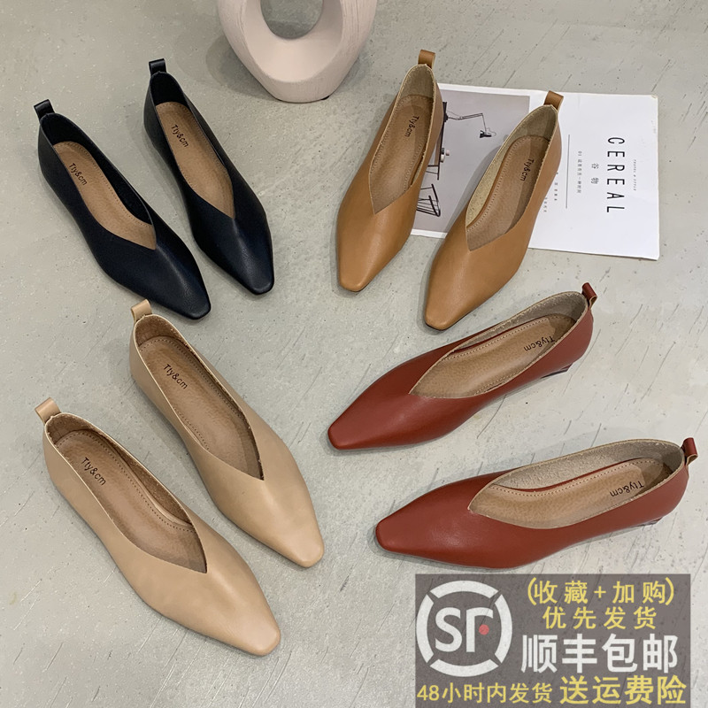 复古尖头粗跟平底浅口瓢鞋仙女夏百搭一脚蹬软皮软底低跟奶奶单鞋