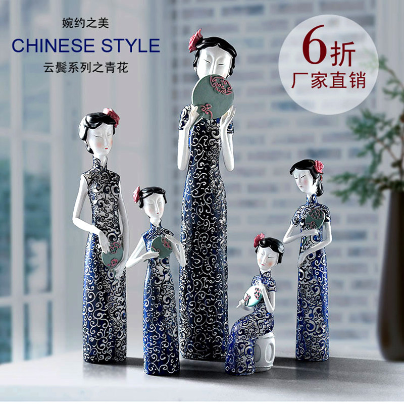 民国风老上海青花瓷旗袍人物摆件客厅电视柜酒柜软装饰摆件工艺品