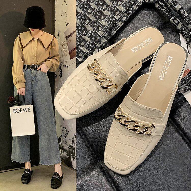 半托单鞋女2020新款夏季包头w半拖平底40胖脚宽肥42大码女鞋41一4