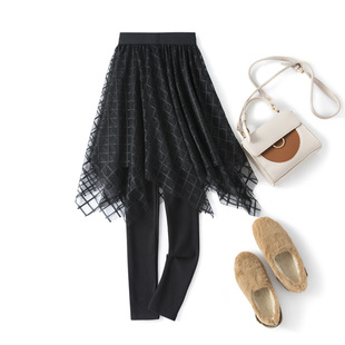 裙裤一体假两件打底裤大码春秋薄款黑格子网纱不规则高腰女连裤裙