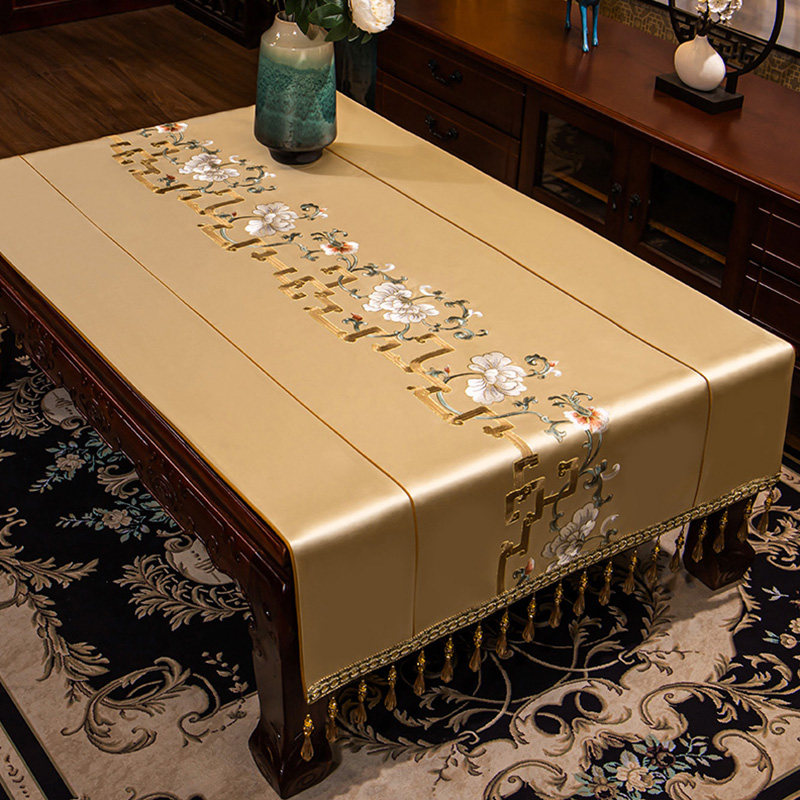 新中式茶几布布艺刺绣中国风古典长方形电视柜盖布家用桌布餐桌垫