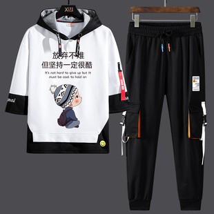 男士休闲运动套装连帽七分袖夏季韩版潮流冰丝长裤子一套衣服帅气