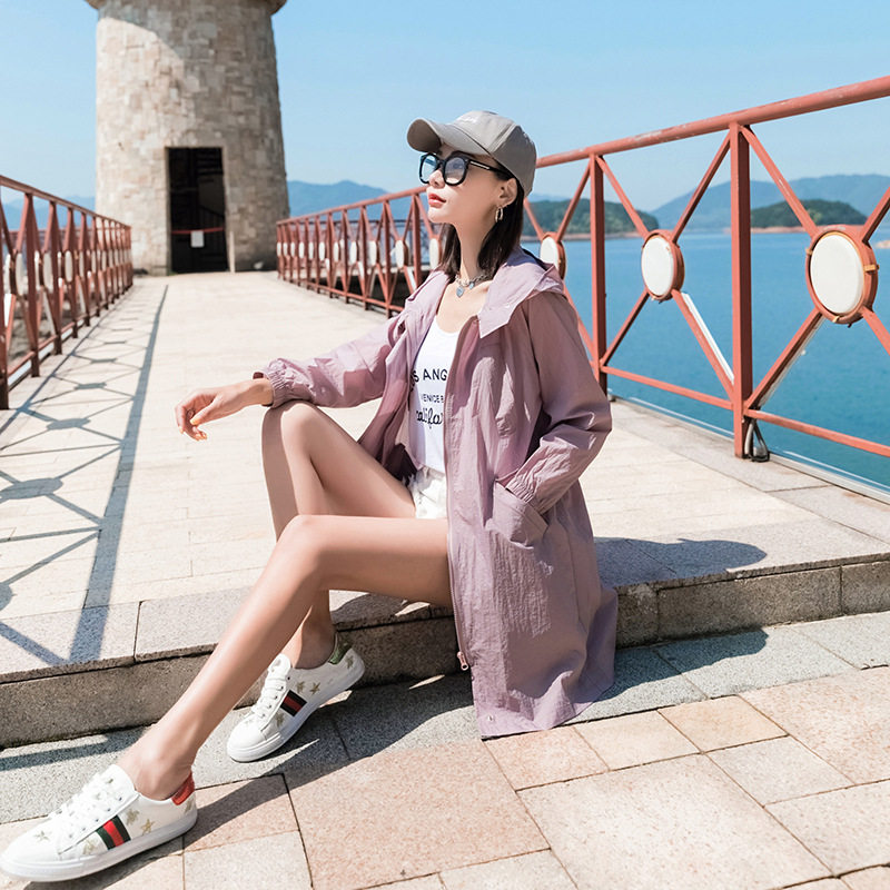 欧美2021夏季防晒衣女中长款防紫外线透气薄款网红连帽防晒服外套