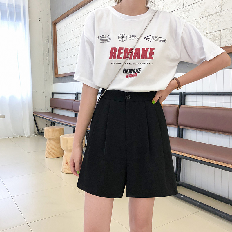 夏季黑色a字西装短裤女宽松韩版高腰显瘦阔腿中裤学生百搭五分裤