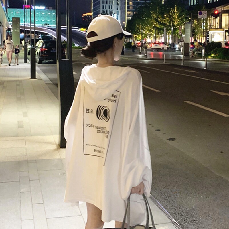 夏季外搭防晒衣女韩版宽松长袖印花防晒衫连帽薄款外套女中长款潮