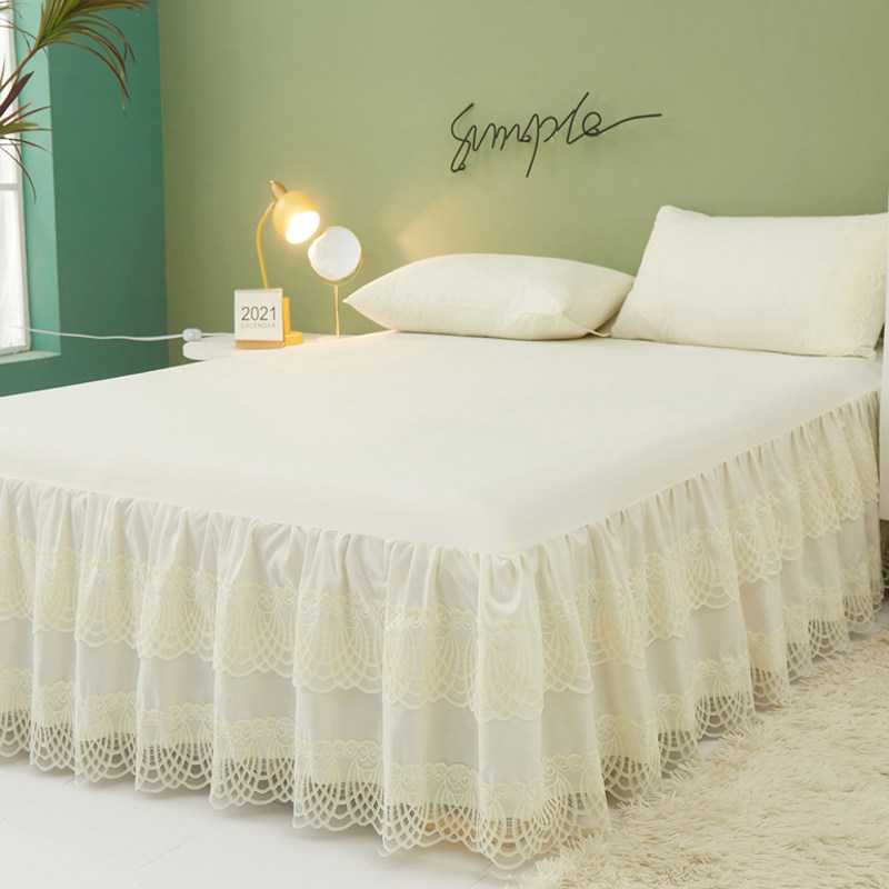 夏天新款纯色公主蕾丝床裙式床罩蕾丝边保护套双人床套薄款防尘罩