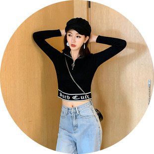 短款上衣配高腰裤针织时尚薄毛衣女装长袖黑色春秋修身紧身打底衫