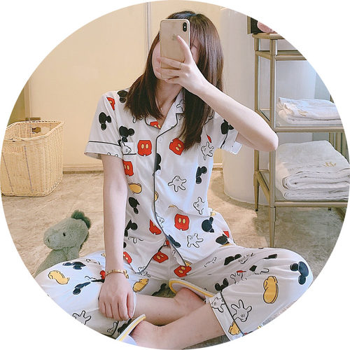 春秋短袖长裤纯棉开衫睡衣女学生可爱两件套装夏季宽松休闲家居服