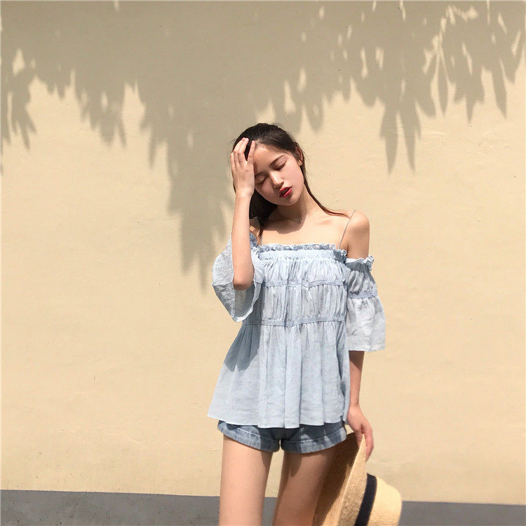 2020夏季新款超仙喇叭袖气质甜美露肩显瘦小性感一字肩吊带上衣女
