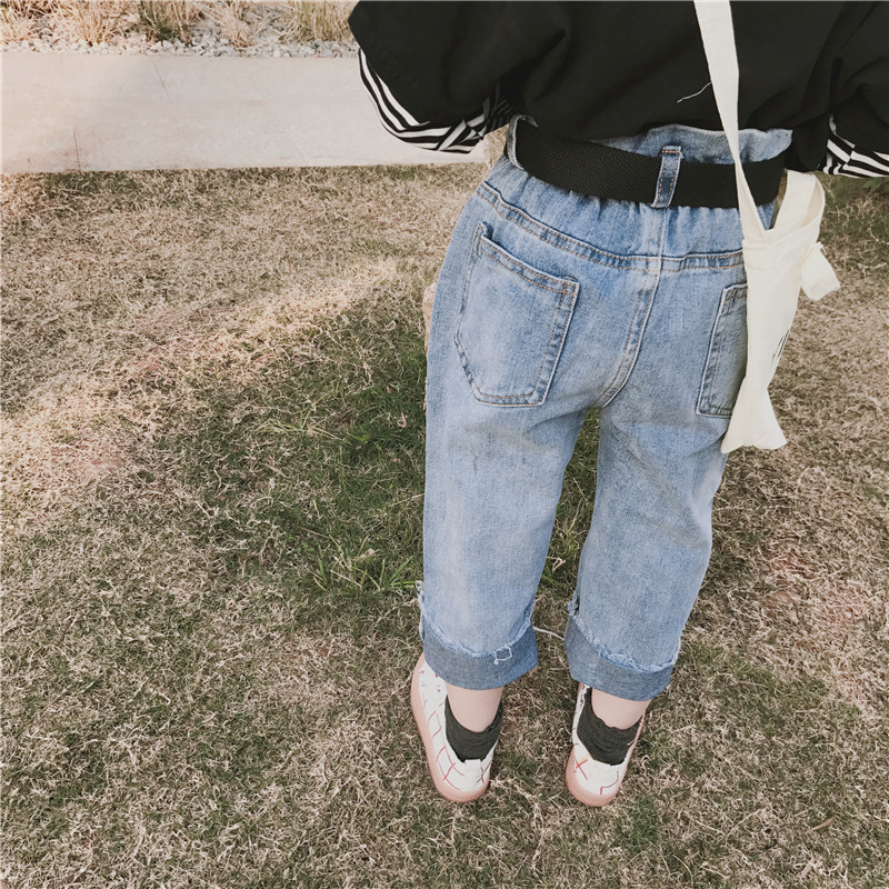 TOTObaby童裝2018春季潮款男女兒童寶寶花苞高腰百搭直筒牛仔長褲
