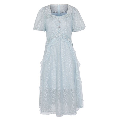 COCOBECCI蕾丝泡泡袖法式连衣裙