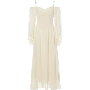 从那以后法式连衣裙一字肩礼服长裙白色伴娘服长袖领证小裙子白裙